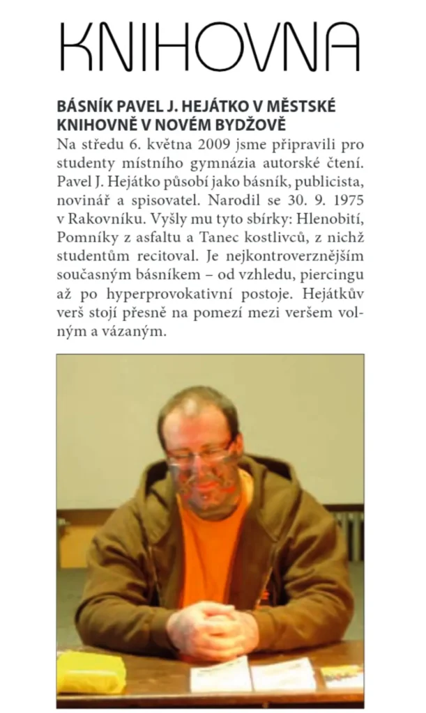 clanek Basnik Pavel J Hejatko v Mestske knihovne v Novem Bydzove